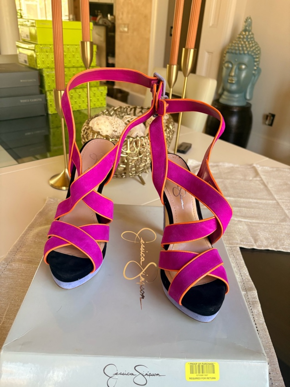 Jessica Simpson Hot Pink Strappy High Heel Sandals with Orange Trim